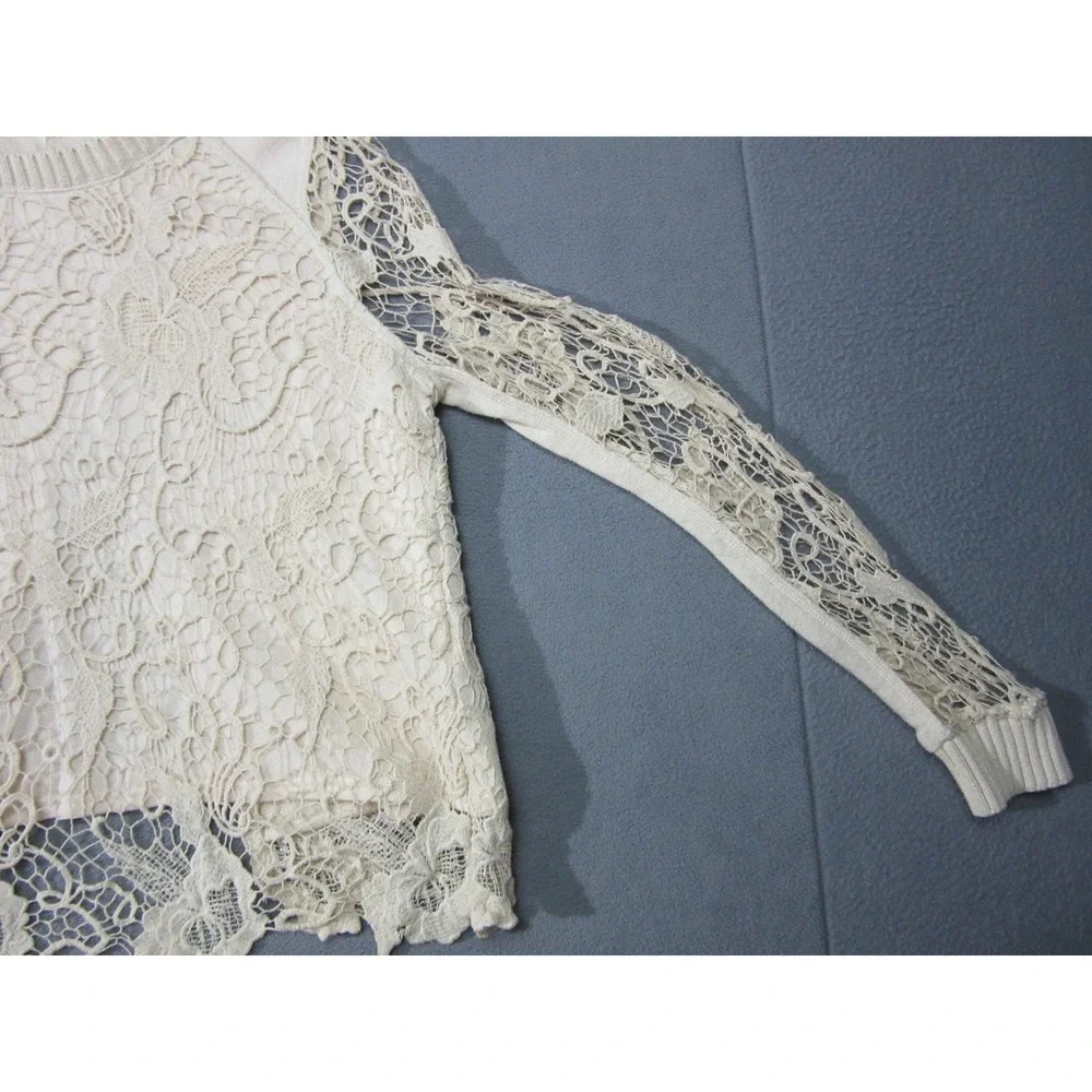 Free People Top Womens XS Ivory Cream Lace Knit Long Sleeve Crochet Boho Floral